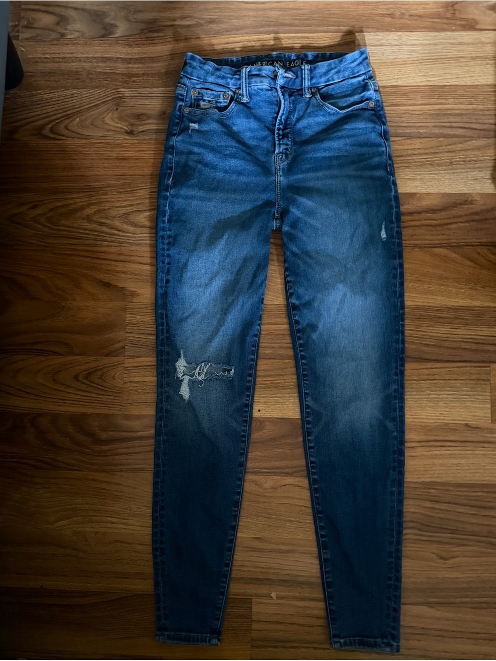American Eagle Outfitters High-Rise Distressed Curvy Jeans — Blue Wash